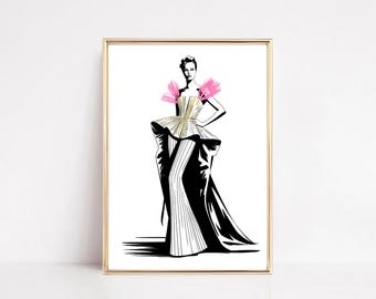 Illustratie catwalkmode: schets elegante couturejurk (digitale download)