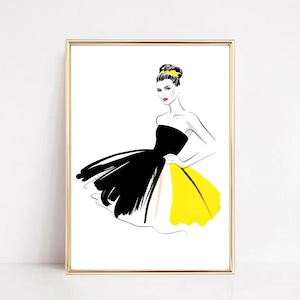 Ilustración de moda de alta costura: Mujer elegante con vestido negro y amarillo (descarga digital)