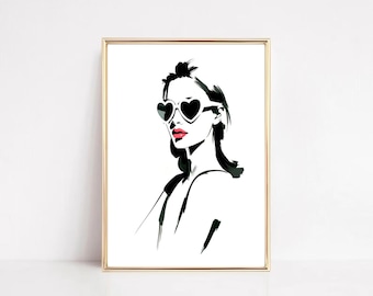 Retro mode-illustratieprint: vrouw met hartzonnebril (digitale download)