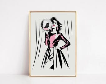 Mode-illustratie Disco Queen | Retro glamoureuze muurkunstafdruk | Chique decor jaren 70 discobal (digitale download)