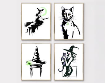 Halloween mode-illustratie kunstafdrukken: bundel chique heks en kat (digitale download)