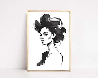 Minimalistische modeportretillustratie | Elegante vrouw lijntekeningen | Moderne zwart-witte muurkunstprint (digitale download)