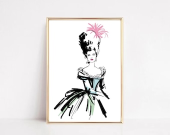 Elegante rococo-dameillustratie | Mode kunst aan de muur | Historische coutureschets (digitale download)