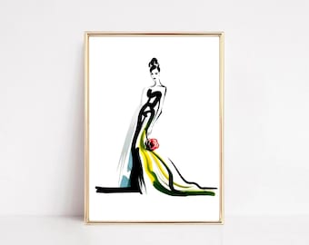 Illustratie catwalkmode: schets elegante couturejurk (digitale download)