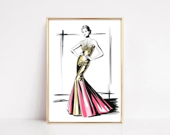 Illustratie catwalkmode: schets elegante couturejurk (digitale download)