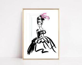 Marie Antoinette Fashion Print: Rococo Woman with Pink Feather (Digital Download)