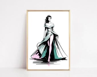 Illustratie catwalkmode: schets elegante couturejurk (digitale download)