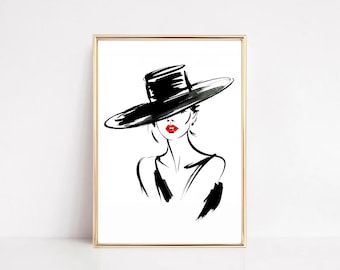 Mode-illustratie vrouw met hoed: rode lippen, chique galerijmuurkunst (digitale download)