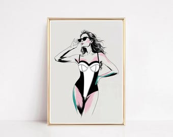 Vintage modeprint badpak: retro vrouwkunst, zwart-wit (digitale download)