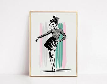 Illustratie jaren 80 glamourmode: retro redactionele kunstafdruk (digitale download)