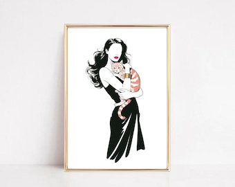 Mode-illustratieprint: vrouw met oranje kat, chique huisdecor (digitale download)