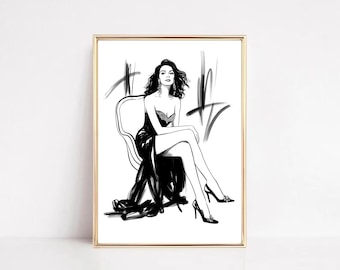Elegante dame in kleine zwarte jurk – modieuze illustratieprint, glamoureuze muurkunst (digitale download)