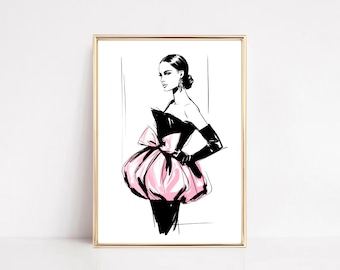 Illustratie couturemode: elegante vrouw in zwarte jurk (digitale download)