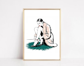 Glamoureuze vrouw mode illustratie kunstafdruk: ring met smaragd, zwarte hakken (digitale download)