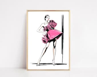 Illustratie catwalkmode: schets elegante couturejurk (digitale download)