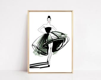 Mode-illustratie zwarte jurk: chique couture Sketch Art Print (digitale download)