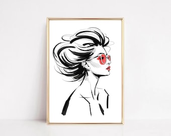 Modieuze vrouw met zonnebril illustratie | Chique moderne modemuurkunst | Stijlvolle redactionele print (digitale download)