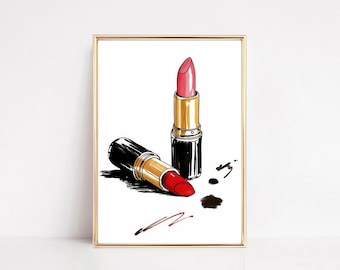 Mode-illustratie rode en roze lippenstift: chique make-upkunst (digitale download)