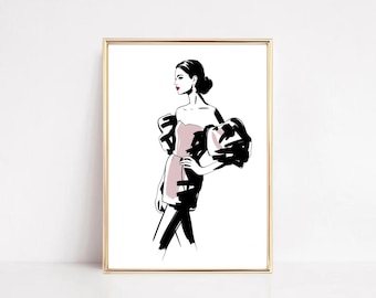 Mode-illustratieafdruk: elegante vrouw, blozende jurk (digitale download)