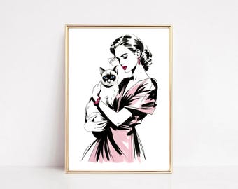 Mode-illustratieafdruk: vrouw in roze jurk met siamese kat (digitale download)