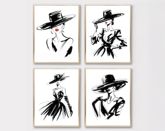 Parijse mode-illustratieafdrukken: glamoureuze vrouwen met hoeden (digitale downloadset van 4 jpg's)