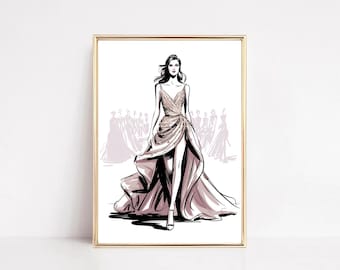 Mode-illustratie roségouden jurk: elegante runway-kunstprint (digitale download)