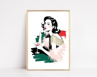 Art Deco Flapper Illustration: 1920s Glam Woman with Champagne (Digital Download)
