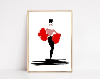 Sassy Fashion-illustratieprint: bijenkorfhaar, rode pompons (digitale download)