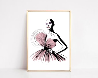 Illustratie catwalkmode: schets elegante couturejurk (digitale download)