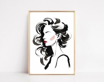 Elegante vrouw portret illustratie | Chique mode kunst aan de muur | Modern minimalistisch redactiedecor (digitale download)