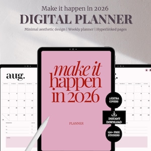 2026 roze digitale planner pdf | Gelinkte dagelijkse, wekelijkse en maandelijkse pagina's | Notability en Goodnotes