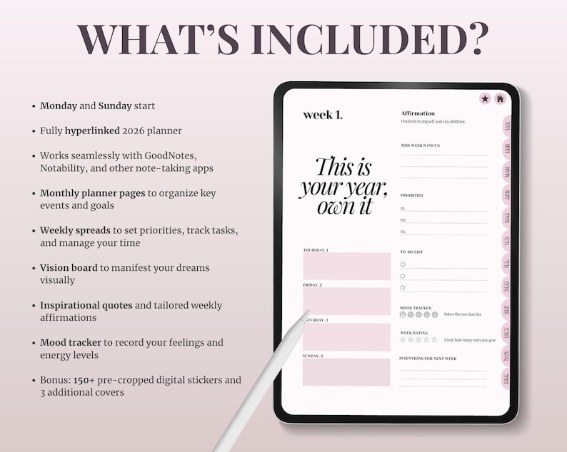 2026 Pink Digital Planner PDF | Hyperlinked Daily, Weekly & Monthly ...