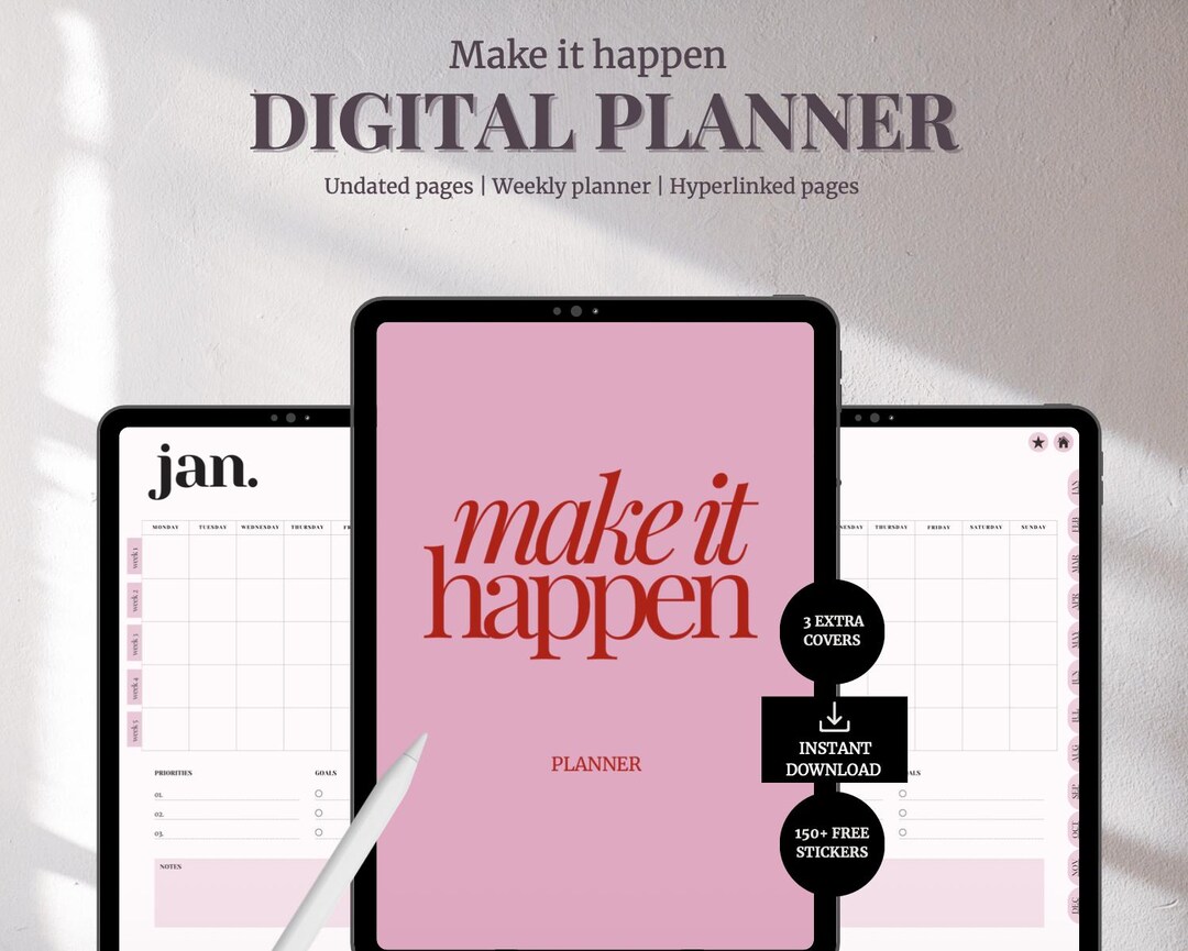 Undated Pink Digital Planner PDF | Hyperlinked Daily, Weekly & Monthly ...
