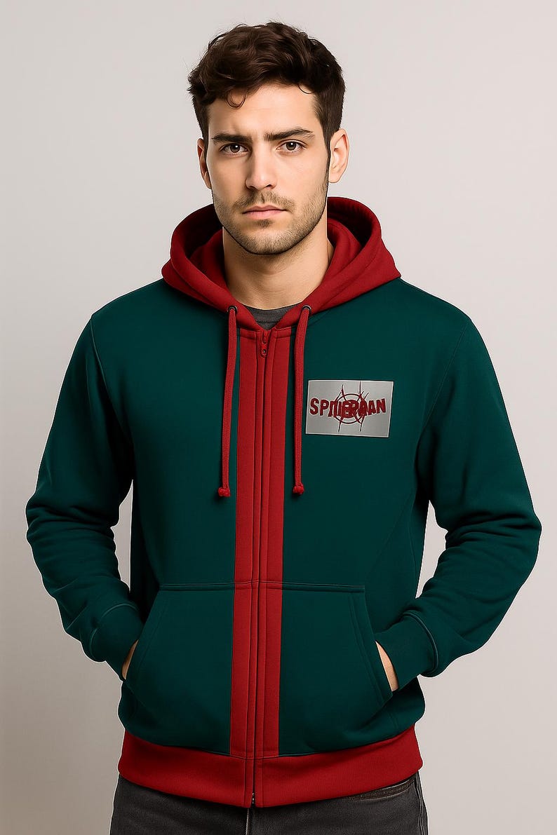 May include: A green zip-up hoodie with a red hood and a red stripe down the center. The hoodie features a Spider-Man logo patch on the chest. The model is wearing a gray t-shirt underneath.