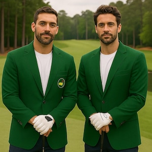Puede incluir: Dos hombres con blazers verdes, camisetas blancas y pantalones azul marino están de pie en un campo de golf. Sostienen palos de golf y llevan guantes blancos. Los blazers tienen un emblema circular en el bolsillo izquierdo del pecho.