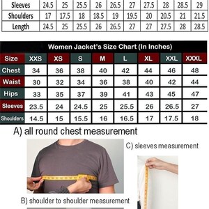 May include: Image features size charts for men's and women's clothing, with measurements in inches. Includes chest, waist, sleeves, shoulders, and length. Also shows how to measure chest, shoulder-to-shoulder, and sleeve length.