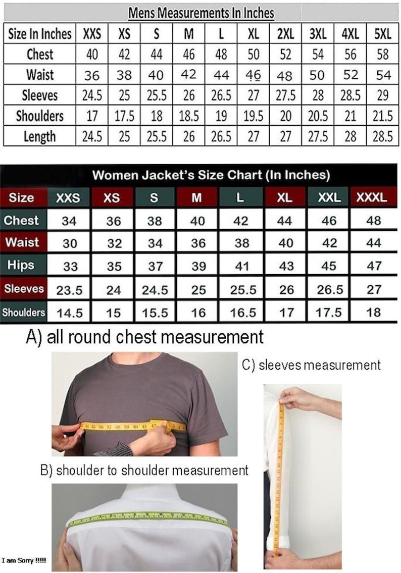 May include: Image features size charts for men's and women's clothing, with measurements in inches. Includes chest, waist, sleeves, shoulders, and length. Also shows how to measure chest, shoulder-to-shoulder, and sleeve length.