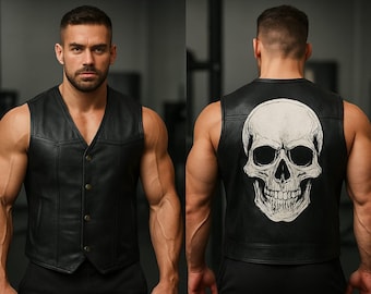 Handmade Leather Skull Biker Vest - Black Motorcycle Rider Vest