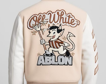 Beige Wool Varsity Jacket: Football-Inspired Embroidered Letterman