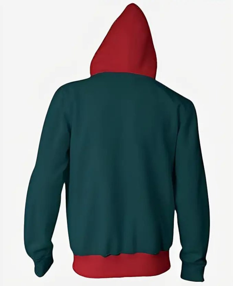 May include: A teal hoodie with a red hood and hem. The back view of the hooded sweatshirt shows the contrast between the teal body and the red accents. The hoodie is made of a soft material.