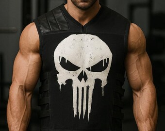 Handmade Leather Skull Biker Vest - Black Motorcycle Vest - Halloween Costume