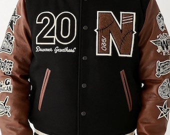 Men's handmade Negro baseball varsity | Wool Blend Faux Leather Letterman