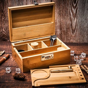Personalized Bamboo Stash Box with Lock & Rolling Tray: Herbal Supply Kit
