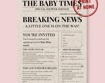 Plantilla editable de invitación tipo periódico para baby shower (descarga digital)