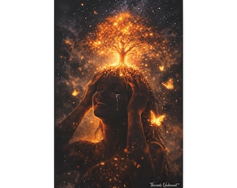 Florece de todos modos Silueta de mujer Árbol resplandeciente Lienzo Arte de pared Poder interior Crecimiento Decoración