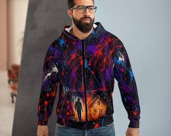 Sudadera con capucha y cremallera con grafiti abstracto – Chaqueta urbana Fire & Shadows / Sudadera unisex con cremallera