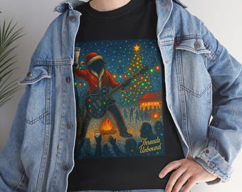 Camiseta navideña de Papá Noel con concierto de rock, guitarra festiva, Threads Unbound