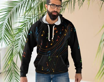 Sudadera unisex con estampado integral y sinfonía de notas musicales / Sudadera con gráfico musical vintage