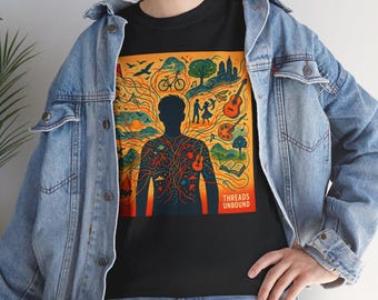 Camiseta gráfica con silueta artística: diseño de hilos coloridos sin atar / Camiseta urbana con arte facial abstracto