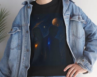 Camiseta Conexión de Almas Cósmicas Camiseta Silueta de Pareja Celestial Camiseta Corazón Brillante de Galaxia Espiritual